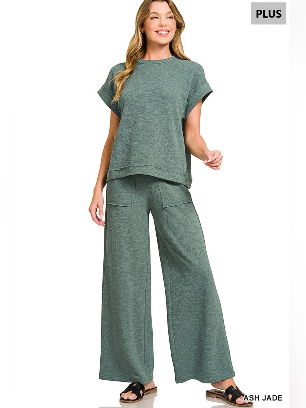 Zenana COTTON PLUS SLUB SHORT SLEEVE TEE & LONG PANTS SET